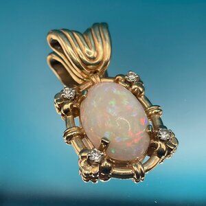 14K Big yellow Gold Fire Opal Cabochon Pendant with Diamonds